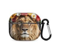 African Lion Wearing A Flower on Its Head Bluetooth Earbuds Case Cover Full Body Shockproof Protection Hard Case Support Wireless Charging with Keychain Personalized Gift for AirPods 3