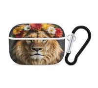 African Lion Wearing A Flower on Its Head Earbuds Organizer Shockproof Protective Airpods Pro Cover with Carabiner Clip Anti Fall Carrying Earphone Case Cover for Airpods Pro 2nd Generation White