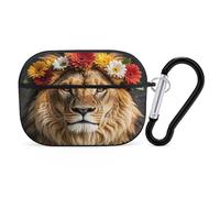 African Lion Wearing A Flower on Its Head Earbuds Organizer Shockproof Protective Airpods Pro Cover with Carabiner Clip Anti Fall Carrying Earphone Case Cover for Airpods Pro 2nd Generation Black