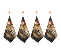 African Lion Wearing A Flower on Its Head Hand Towels for Bathroom, Quick-Drying Square Hanging Hand Towels with Lanyard 4PCS, Soft Hand Dry Towels for Kitchen, Hotel, Travel, Hostel, Camping