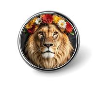 African Lion Wearing A Flower on Its Head Round Badge Personalized Lapel Brooch Lightweight Durable Tinplate Badge for Hat Clothes Backpack Pins Decor, Circular, Aluminum, aluminum alloy