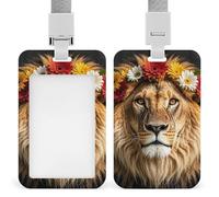 African Lion Wearing A Flower on Its Head Vertical Badge Holders for Office, Retractable Badge Reel