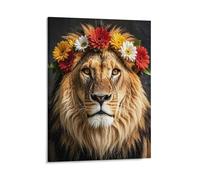 African Lion Wearing A Flower on Its Head Wall Art Posters for Bedroom, Personalized Canvas Prints for Office, Framed Wall Decor Picture 16x20inch(41x51cm) for Living Room, Bathroom, Farmhouse, Restau