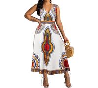 African Long Dresses for Women Elegant Church Dresses Print Maxi Dress High Waist Cocktail Bohemian Vintage Party Outfits, A-white/Sleeveless, L