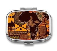 African Map Ethnic Pattern Pill Box 2 Compartment - Small Metal Medicine Organizer Portable Pill Case for Purse Pocket Travel Vitamin Organizer for Men Women, BPA-Free
