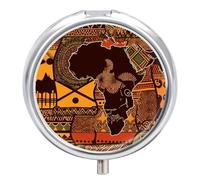 African Map Ethnic Pattern Pill Box 3 Compartment Round Small Pill Box for Pocket Purse Metal Travel Pill Case Portable Daily Pill Organizer Cute Compact Medicine Organizer Mini Pill Container