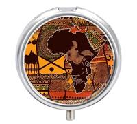 African Map Ethnic Pattern Pill Box 3-Compartment Travel Pill Organizer Portable Round Medicine Case with Mirror Design for Vitamins, Jewelry & Essentials Durable Pocket Pillbox for Purse, Camping