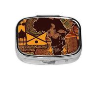African Map Ethnic Pattern Print Pill Box Square Pill Case 2 Compartment Small Metal Medicine Organizer Portable Travel Pillbox for Pocket Purse Cute Mini Pill Container to Hold Daily Vitamins