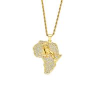 African Map Lion Pendant Necklace, With The Geometric Outline Engraved With The Animal Lion, Reflecting National Culture And National Characteristics, A Must-Have Item For Hip-Hop People,Yellow,45Cm