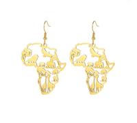 African Map Necklace Animals Pendant Necklace for Men Women Map of African Elephants Lions Giraffes Necklace (Gold Earrings)