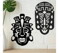 African Masks Tribal Faces Metal Wall Mounted Home Decoration Safari Themed Ornaments (Black Painted)
