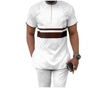 African Men Clothing Dashiki Shirts and Pants 2 Piece Outfits Crop Top Attire Short Sleeve Plus Size Casual