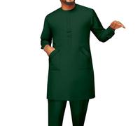 African Men Traditional Clothing Set Full Sleeve Dashiki Long Shirts and Pants 2 Piece Set African Suits, Dark Green, S