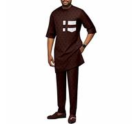 African Men Tribal Dashiki Suits 2 Piece Set Short Sleeve Tops Trouser Outfits Traditional Shirts and Pants Clothing (Color : Brown, Size : L)