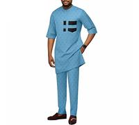 African Men Tribal Dashiki Suits 2 Piece Set Short Sleeve Tops Trouser Outfits Traditional Shirts and Pants Clothing (Color : Blue-1, Size : L)
