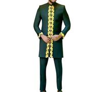African Men's Embroidered Round Neck Long Sleeve Two Piece Suit, Solid Color National Style Outfit for Social Events and Celebrations (Green, XXXL)