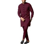 African Men's Formal Clothes Dashiki Shirt and Pant Trousers Two Piece Suit Traditional Long Sleeve Outfits, Red-1, XL