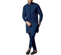 African Men's Formal Clothes Dashiki Shirt and Pant Two Piece Suit Traditional Long Sleeve Outfits, Dark Blue, S