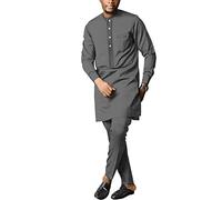 African Men's Formal Clothes Dashiki Shirt and Pant Two Piece Suit Traditional Long Sleeve Outfits, Dark Grey, L