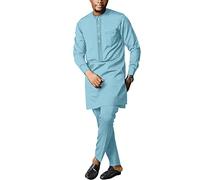 African Men's Formal Clothes Dashiki Shirt and Pant Two Piece Suit Traditional Long Sleeve Outfits, Light Blue, Large