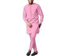African Men's Formal Clothes Dashiki Shirt and Pant Two Piece Suit Traditional Long Sleeve Outfits, Pink, Medium