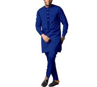 African Men's Formal Clothes Dashiki Shirt and Trousers Two Piece Suit Traditional Long Sleeve Outfits, Blue-1, M