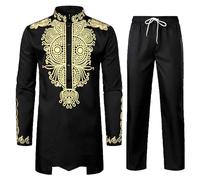 African Men's Outfit, Long Sleeve with Gold Print and Trousers, African 2-Piece Outfit, Traditional African Dashiki Suit, African Men's Outfit, black, XL