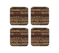 African Mud Cloth Tribal 1 Printed Square Coasters 4 PCS for Drinking, Leather Coaster for Home Decor Tabletop Protection