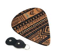 African Mud Cloth Tribal Printed Guitar Picks, 6 Pack with Leather Keychain Pick Holder - 0.46mm, 0.71mm, 0.96mm Assorted Thickness for Acoustic Ukulele, Electric Guitar, Acoustic Guitar, Bass