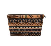 African Mud Cloth Tribal Printed Toiletry Bag for Women Girl Portable Travel Cosmetic Bag Leather Makeup Pouch Organizer with Gold Zipper
