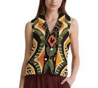 African Natural Plant Leaves Casual Women's Vests Suit Waistcoat Button Down Sleeveless Blazer Jacket M