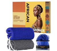 African Net Sponge Authentic - 2 Pieces Body Back Scrubber Bath Sponge with Knots - Afro Loofah Exfoliator Wash Cloth - African Body Care Daily Use Bathing Accessories (Grey & Blue)