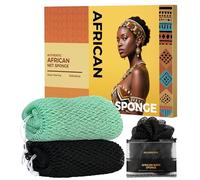 African Net Sponge Authentic - 2 Pieces Body Back Scrubber Bath Sponge with Knots - Afro Loofah Exfoliator Wash Cloth - African Body Care Daily Use Bathing Accessories (Black & Seawave)