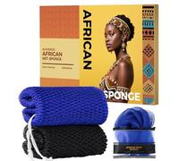African Net Sponge Authentic - 2 Pieces Body Back Scrubber Bath Sponge with Knots - Afro Loofah Exfoliator Wash Cloth - African Body Care Daily Use Bathing Accessories (Black & Blue)