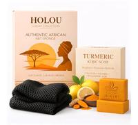 African Net Sponge Authentic XL & Turmeric Kojic Acid Soap 2-Pack - Real African Exfoliating Net Sponge with Knots + Luxury Brightening Turmeric & Kojic Soap Bars - Smooth Skin & Spa-Inspired by Holou