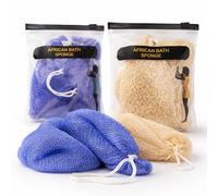African Net Sponge for Bath and Shower - 2PCS Long Mesh Exfoliating Body Scrubber Towels, Stretchable Quick Dry Material for Back Cleansing, Soft Lightweight Loofah for Daily Use (Blue & Khaki)