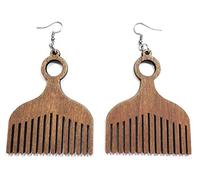 African Nubian Afrocentric Afro Pick Comb Style Women Hair Wood Natural Colorful Drop Dangle Earrings