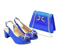 African Party Pumps Bag Set Women's Italian Style Heeled Shoes with Matching Clutch for Wedding Evening Blue