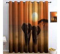 African Photography Printed Thermal Insulated Curtains Eyelet Blackout Room, Animal Elephant Sunset Grassland Light Blocking Window Drapes for Kids Bedroom Living Room Curtain 2 Panels W 66" x L 72"