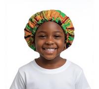 African Print Kids Satin Bonnet, Double-Layer Ankara Sleep Cap for Hair Protection, Adjustable Silk Head Cover, Ages 1-5, Moisture Retention (Kente)