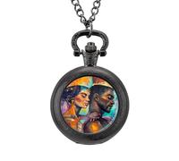 African Queen King Painting Vintage Pocket Watch with Chain Arabic Numerals Scale Quartz Pocket Watches Gifts for Men Women
