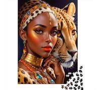 African Queen with Leopard 1000 Piece S Sturdy Cardboard Classic Jigsaw Puzzle for Adults Kids Impossible Hard Game Decompression Wall Decoration 52x38cm/1000pcs