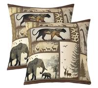 African Safari Animal Throw Pillow Covers Set of 2 Wild Elephant Giraffe Leopard Pillowcase Rustic Country Cabin Cushion Covers for Sofa Couch Tropical Wildlife Cushion Case Home Decor 45x45cm