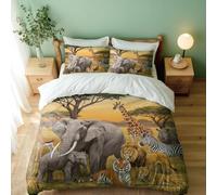 African Safari Animals Duvet Cover Set, Sunset Savannah Wildlife Bedding for Kids Teens, 3pc Microfiber Quilt Cover, Single Double King (01,King + 50 x 75cm x2)