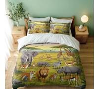 African Safari Animals Duvet Cover Set, Sunset Savannah Wildlife Bedding for Kids Teens, 3pc Microfiber Quilt Cover, Single Double King (03,Double + 80 x 80cm x2)
