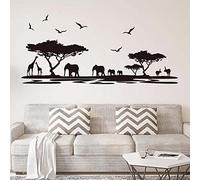 African Safari Silhouette Wall Art Stickers Trees Elephant Giraffe Birds Antelope Black Decorative Removable DIY Vinyl Wall Decals Living Room, Bedroom Mural