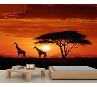African Safari Sunset Wall Mural Grassland Wildlife Wall Murals 3D Wild Giraffe Mural Modern Natural Landscape Murals Wallpaper for Living Room Bedroom Bathroom 400 x 280 cm