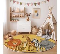 African Savanna Animals Round Rug Kids Room 160cm | Lion Cheetah Giraffe Circle Carpet, Soft Low Pile Non Slip Round Area Rug for Nursery, Bedroom and Playroom Decor