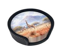 African Savanna Giraffe Round leather coasters (set of 6) Delicate and soft table decorations, suitable for coffee cups, mugs, etc.