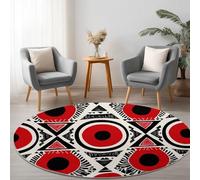 African Style Geometric Patterns Round Area Rug - 90 cm, Red Machine Washable Non-Slip Short Pile Round Carpet Easy Care - Perfect for Living Room, Bedroom and Dining Room Décor